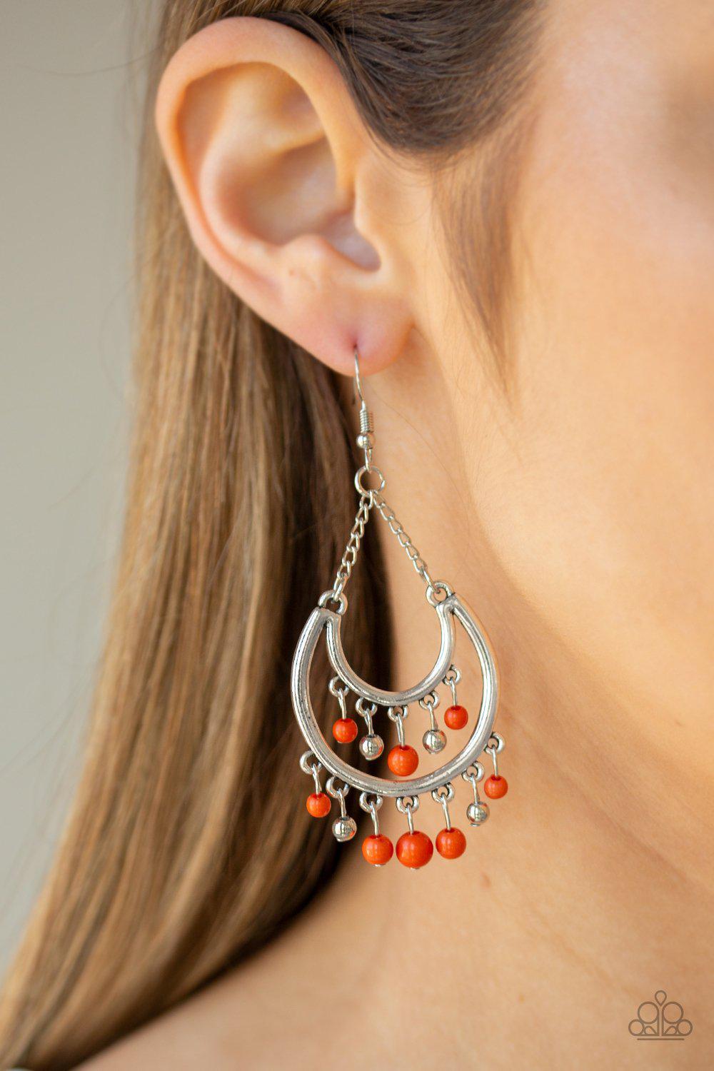 Free-Spirited Spirit Orange and Silver Earrings - Paparazzi Accessories- on model - CarasShop.com - Paparazzi Jewelry by Cara Jewels