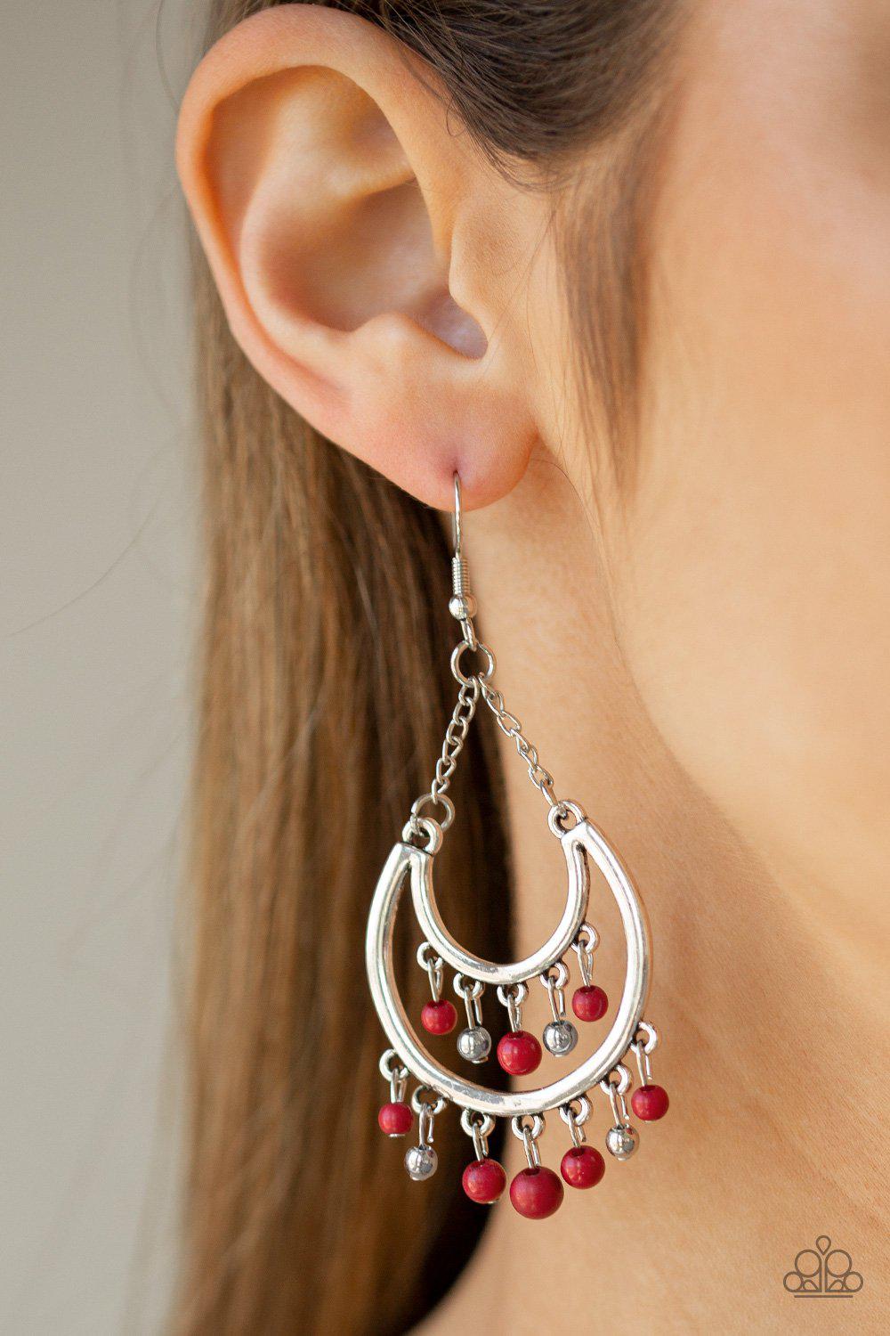 Free-Spirited Spirit Red and Silver Earrings - Paparazzi Accessories- on model - CarasShop.com - Paparazzi Jewelry by Cara Jewels