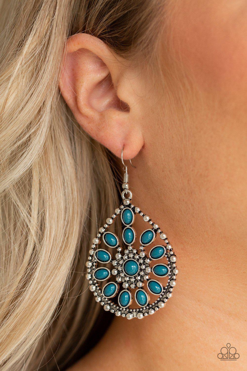 Free To Roam Blue Earrings - Paparazzi Accessories- on model - CarasShop.com - Paparazzi Jewelry by Cara Jewels