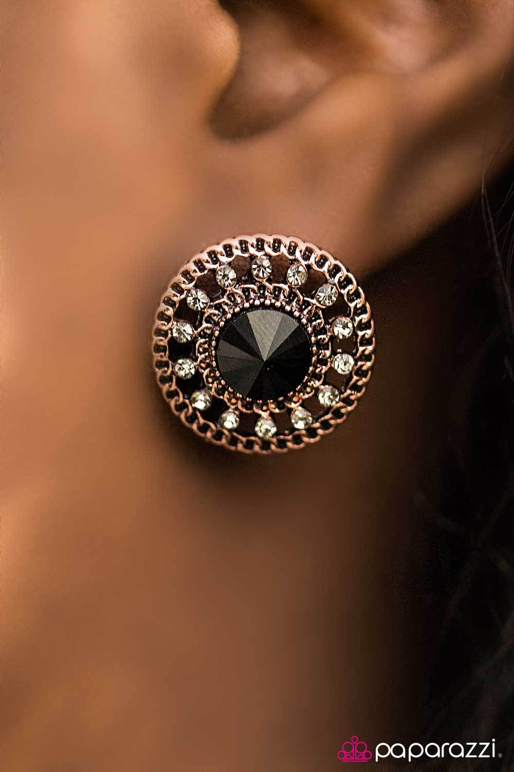 Free Wheel Copper and Black Post Earrings - Paparazzi Accessories- on model - CarasShop.com - Paparazzi Jewelry by Cara Jewels