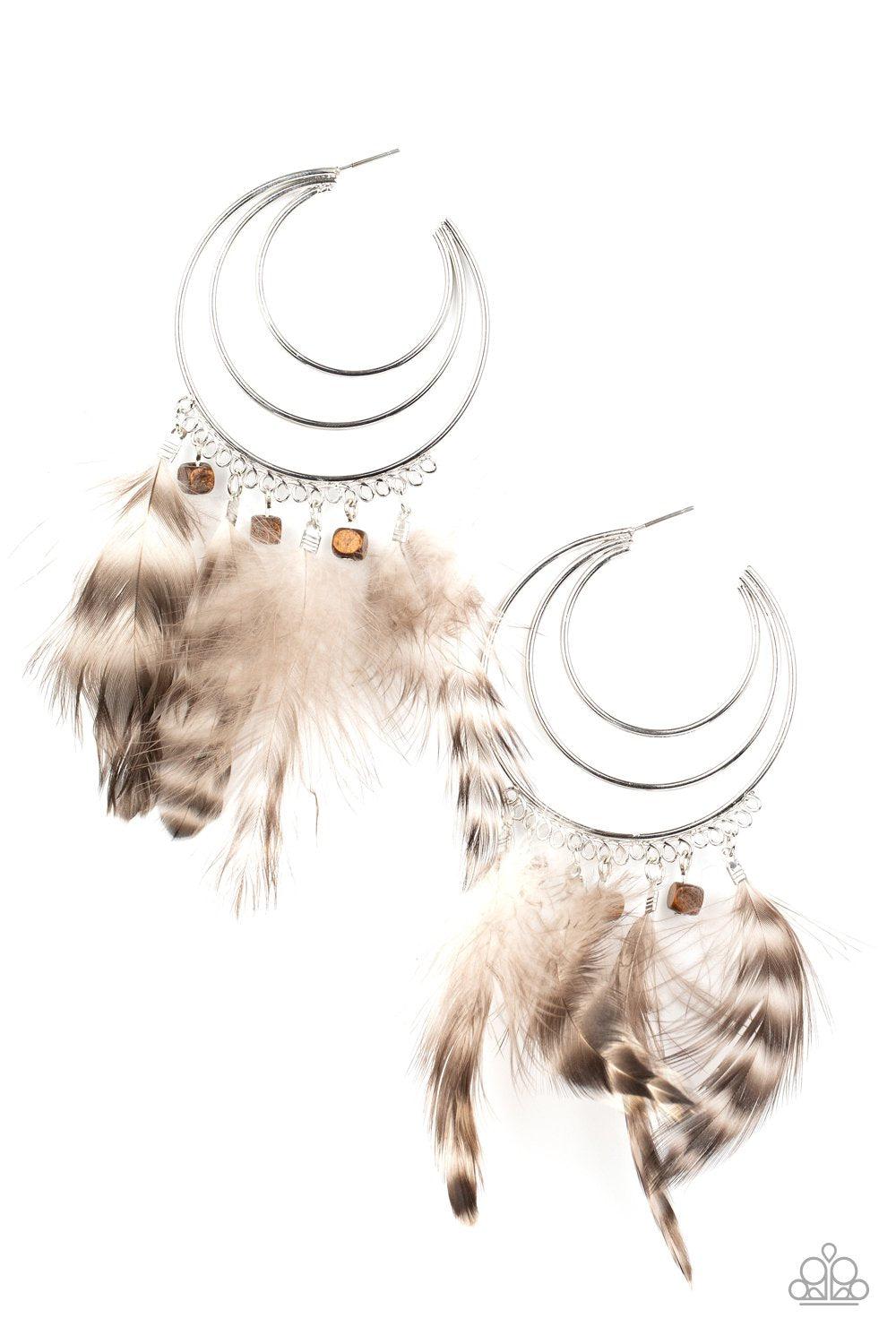 Freely Free Bird Brown Feather and Silver Hoop Earrings - Paparazzi Accessories- lightbox - CarasShop.com - Paparazzi Jewelry by Cara Jewels