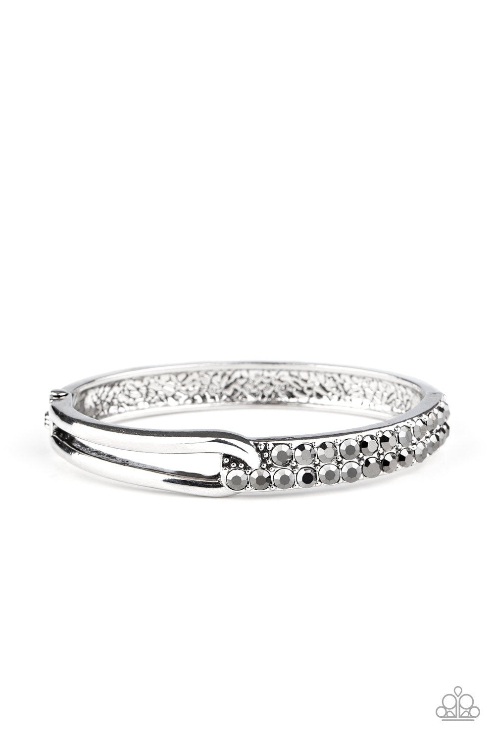 Freeze! Silver Hematite Rhinestone Hinged Bracelet - Paparazzi Accessories- lightbox - CarasShop.com - Paparazzi Jewelry by Cara Jewels