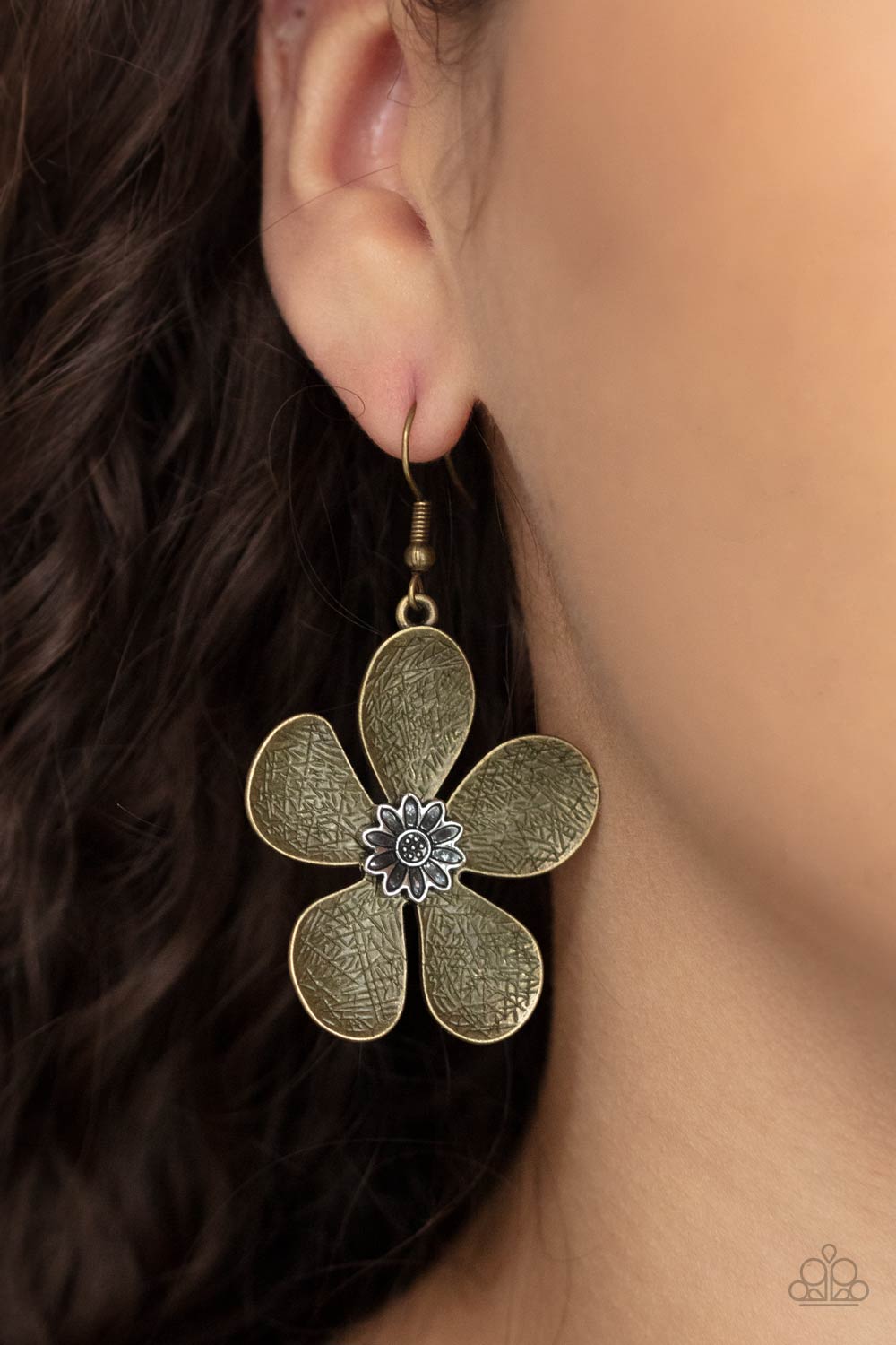 Fresh Florals Brass Flower Earrings - Paparazzi Accessories- on model - CarasShop.com - Paparazzi Jewelry by Cara Jewels