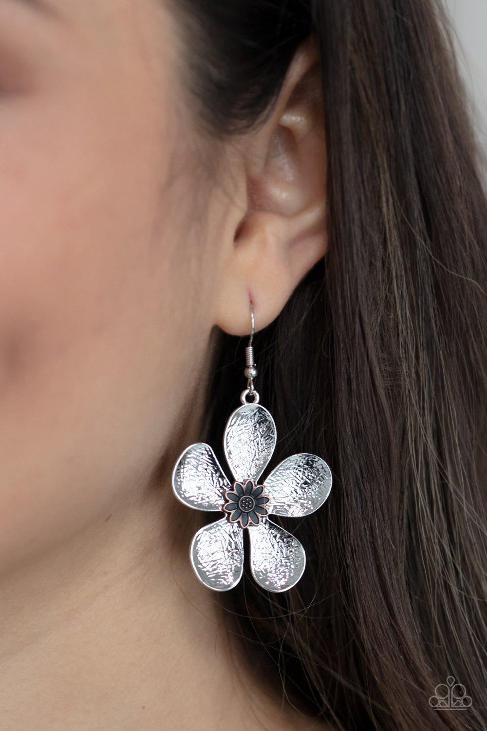 Fresh Florals Silver Flower Earrings - Paparazzi Accessories- on model - CarasShop.com - Paparazzi Jewelry by Cara Jewels