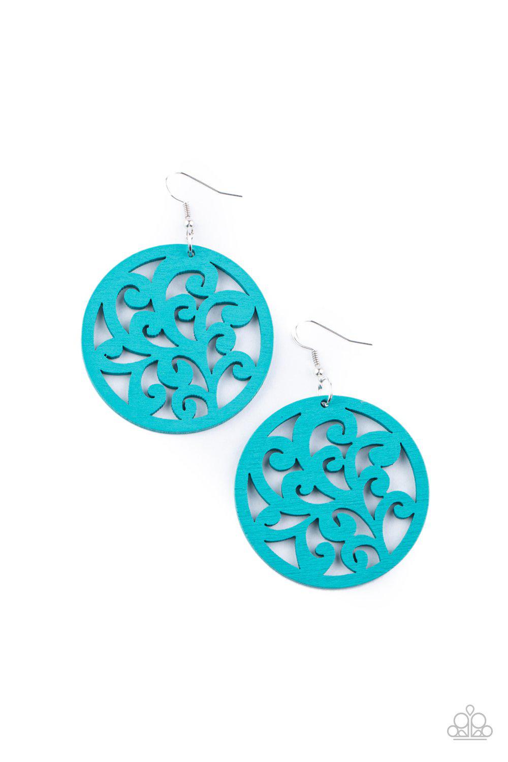 Fresh Off The Vine Blue Wood Filigree Earrings - Paparazzi Accessories- lightbox - CarasShop.com - Paparazzi Jewelry by Cara Jewels