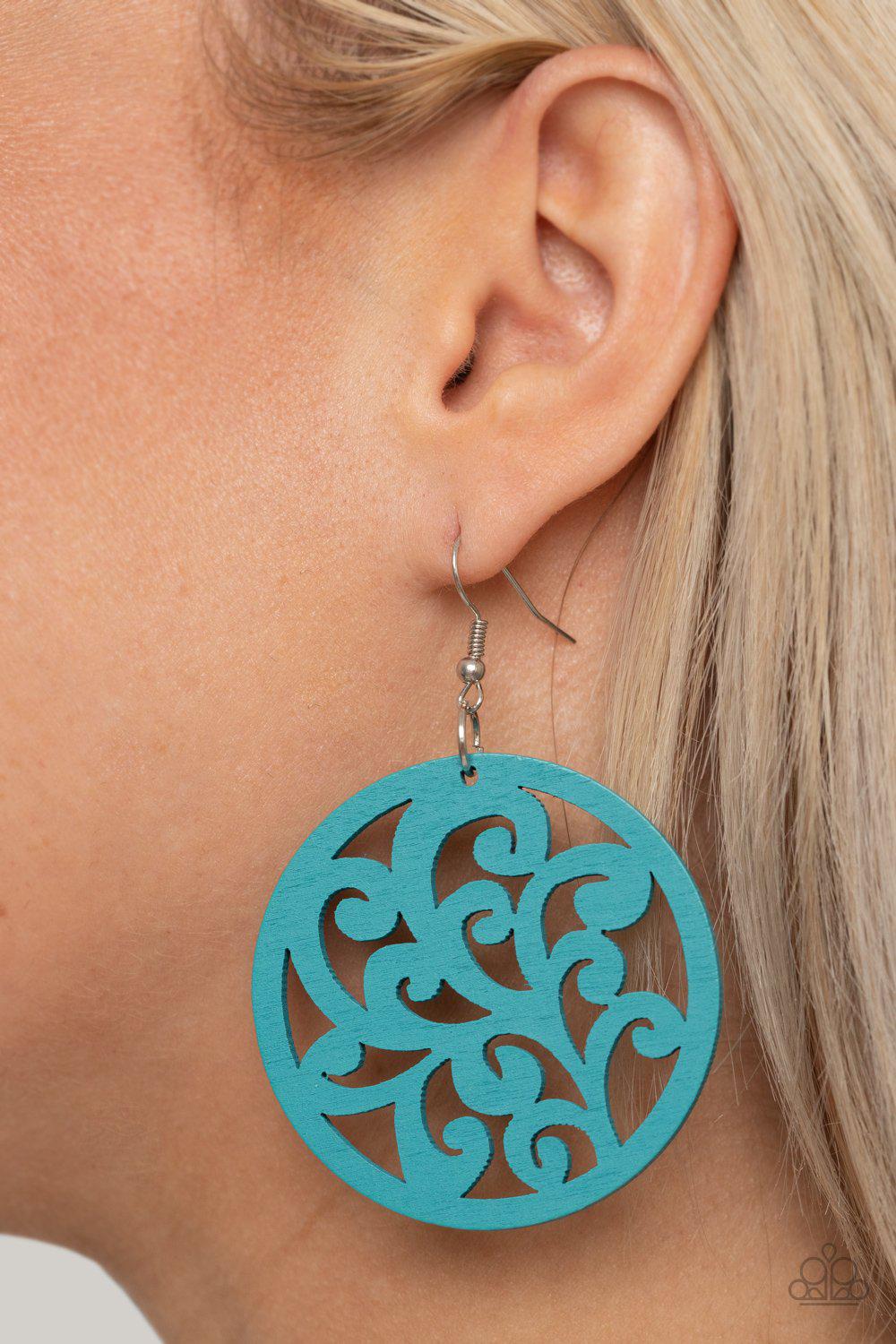 Fresh Off The Vine Blue Wood Filigree Earrings - Paparazzi Accessories- on model - CarasShop.com - Paparazzi Jewelry by Cara Jewels
