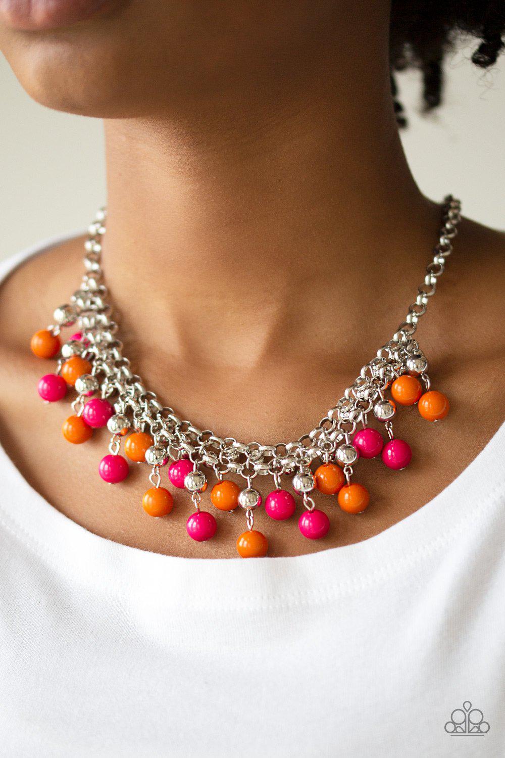 Friday Night Fringe Multi - Pink and Orange Necklace - Paparazzi Accessories- on model - CarasShop.com - Paparazzi Jewelry by Cara Jewels