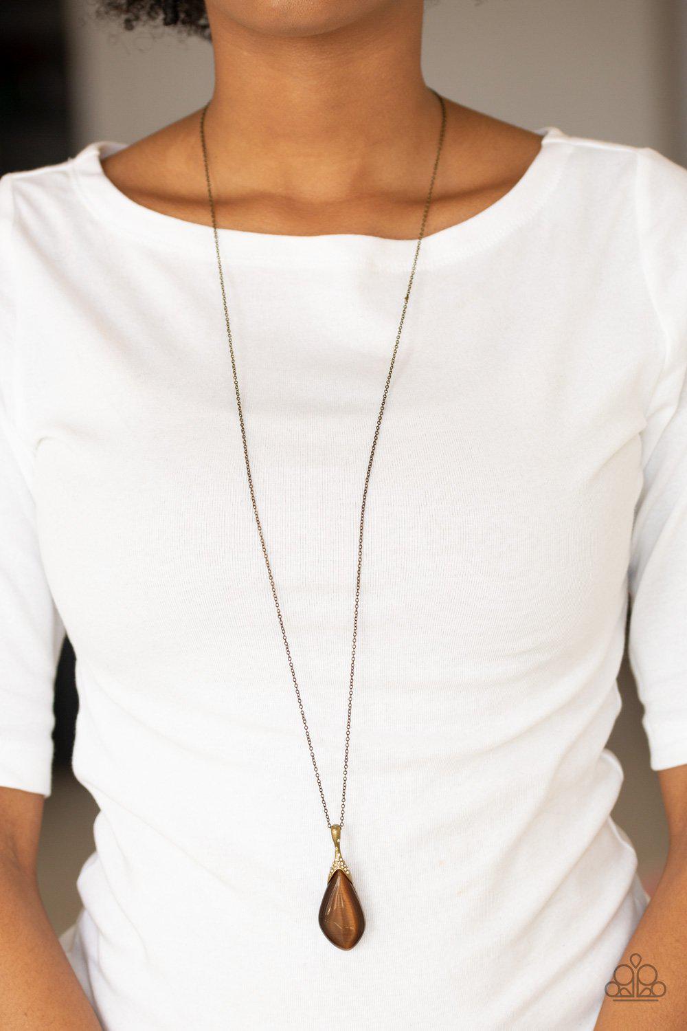 Friends In Glow Places Brass Moonstone Necklace - Paparazzi Accessories- on model - CarasShop.com - Paparazzi Jewelry by Cara Jewels