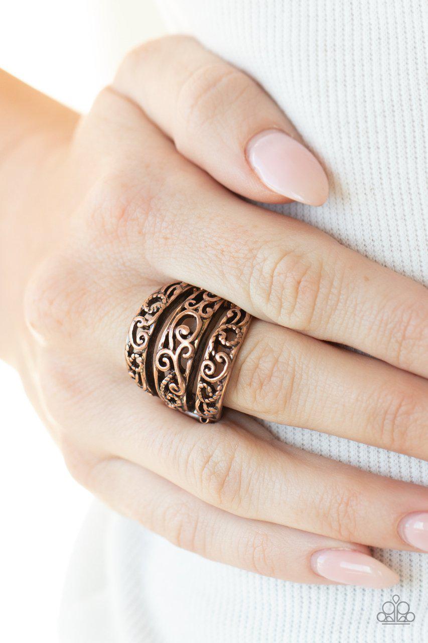 FRILLED To Be Here Copper Ring - Paparazzi Accessories- on model - CarasShop.com - Paparazzi Jewelry by Cara Jewels