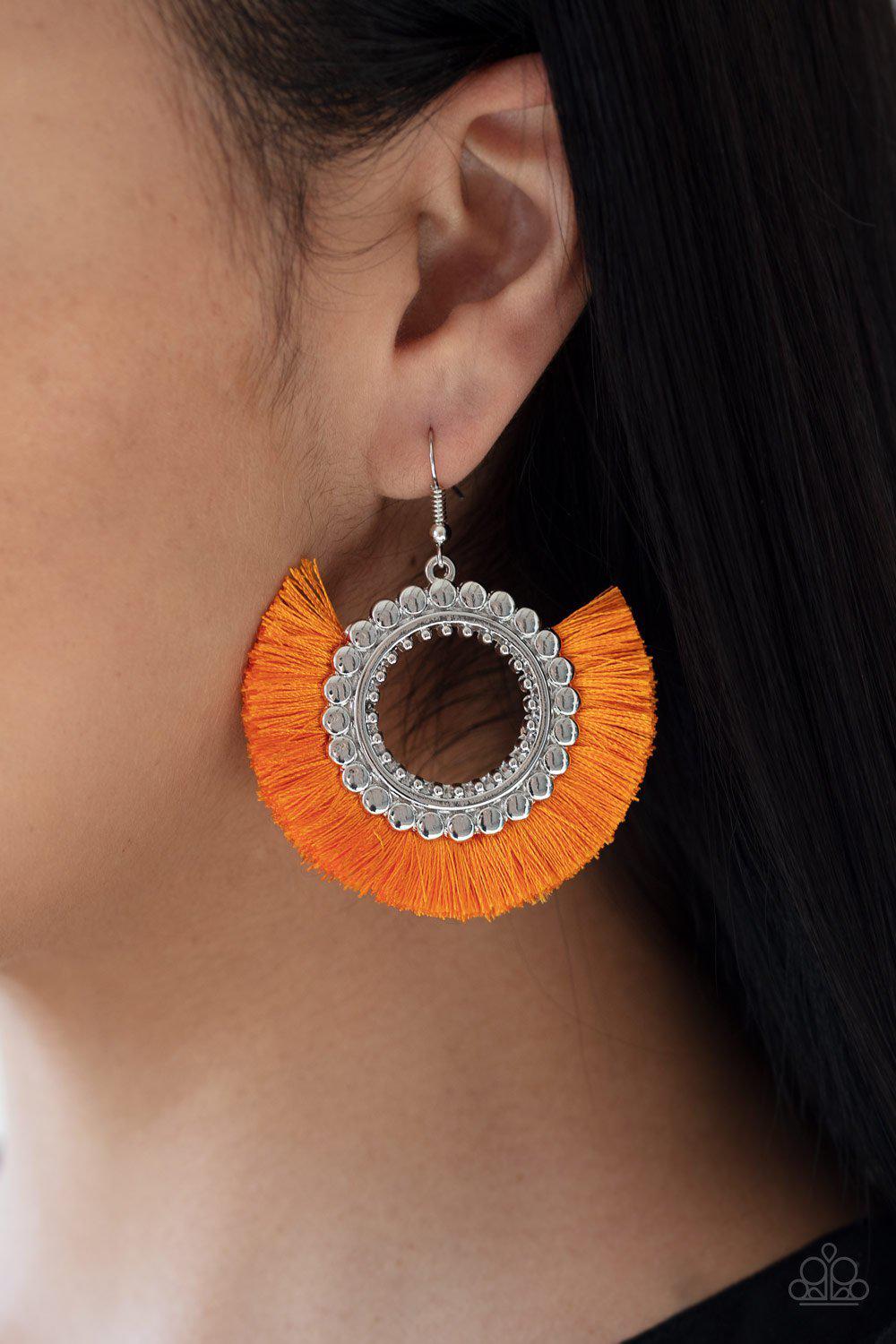 Fringe Fanatic Neon Orange Fringe Earrings - Paparazzi Accessories- on model - CarasShop.com - Paparazzi Jewelry by Cara Jewels