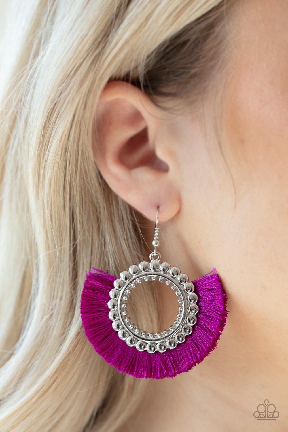 Fringe Fanatic Neon Purple Fringe Earrings - Paparazzi Accessories- on model - CarasShop.com - Paparazzi Jewelry by Cara Jewels