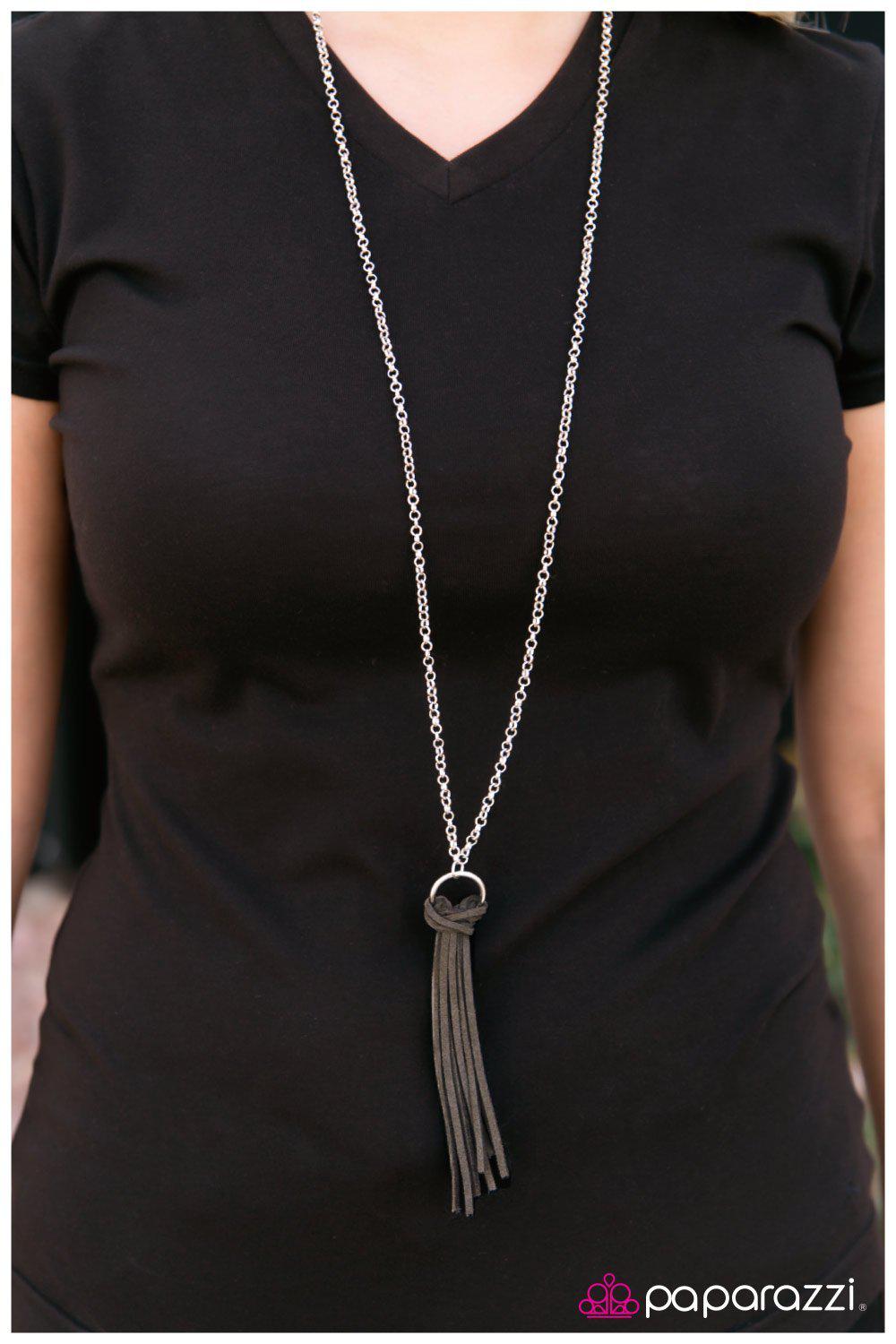 Fringe with Benefits Silver and Gray Suede Necklace - Paparazzi Accessories- on model - CarasShop.com - Paparazzi Jewelry by Cara Jewels