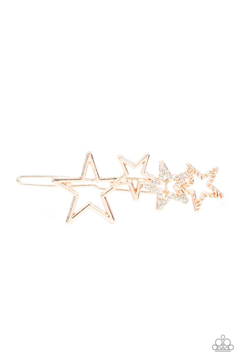 From STAR To Finish Gold and White Rhinestone Hair Clip - Paparazzi Accessories- lightbox - CarasShop.com - Paparazzi Jewelry by Cara Jewels