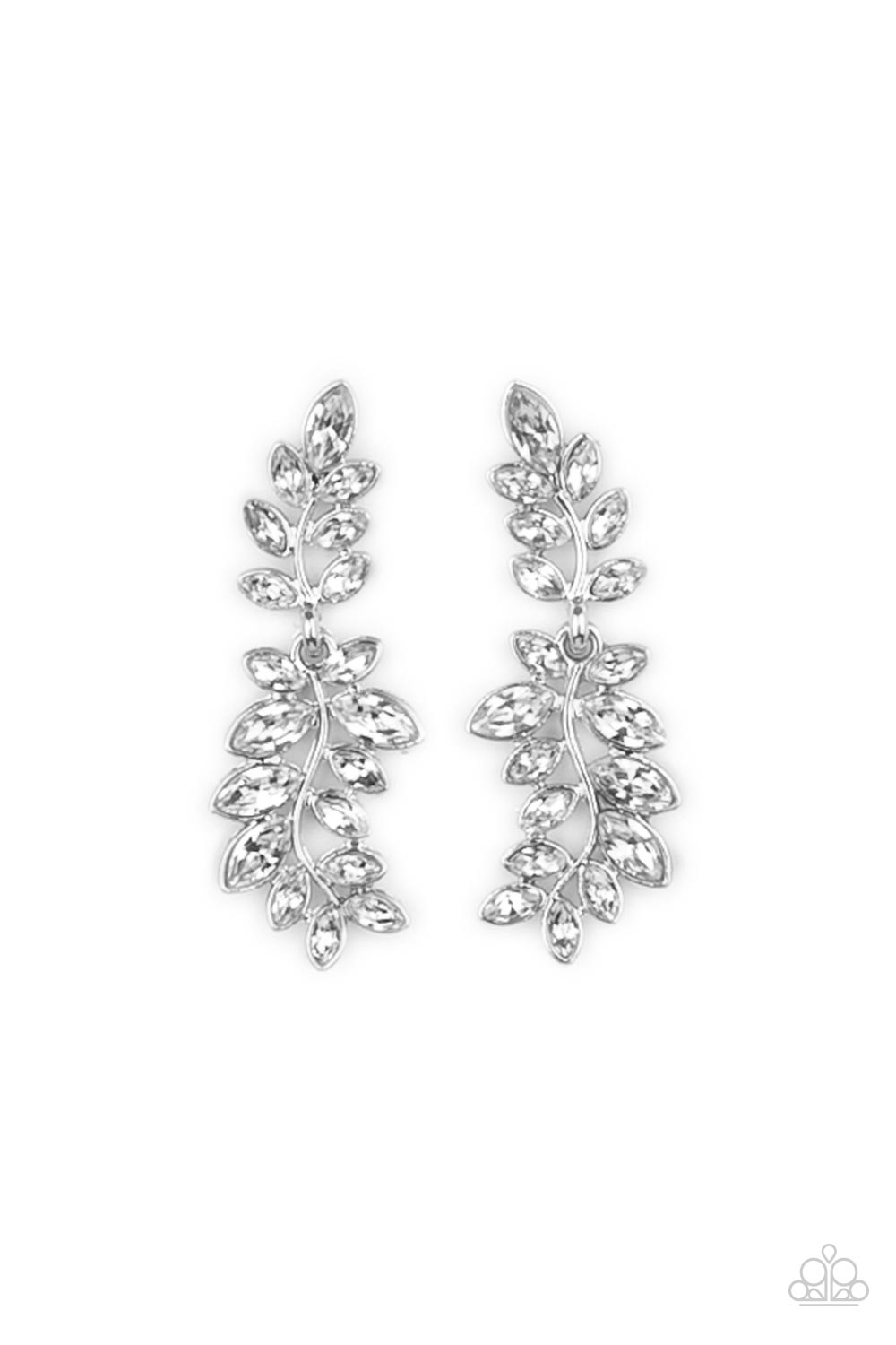 Frond Fairytale White Rhinestone Leaf Earrings - Paparazzi Accessories- lightbox - CarasShop.com - Paparazzi Jewelry by Cara Jewels