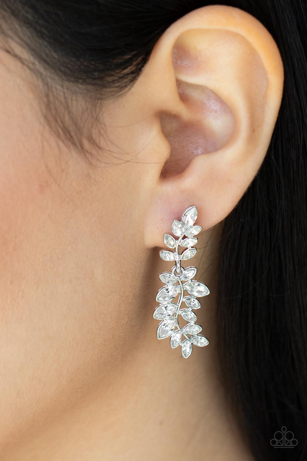Frond Fairytale White Rhinestone Leaf Earrings - Paparazzi Accessories- lightbox - CarasShop.com - Paparazzi Jewelry by Cara Jewels