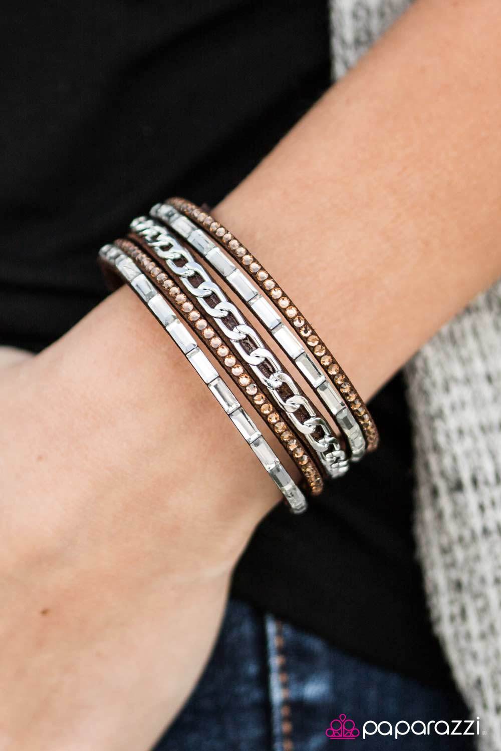 Front Row Fabulous Brown and Silver Wrap Snap Bracelet - Paparazzi Accessories- on model - CarasShop.com - Paparazzi Jewelry by Cara Jewels