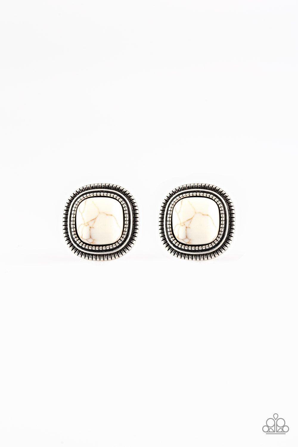 Frontier Runner White Stone Post Earrings - Paparazzi Accessories- lightbox - CarasShop.com - Paparazzi Jewelry by Cara Jewels