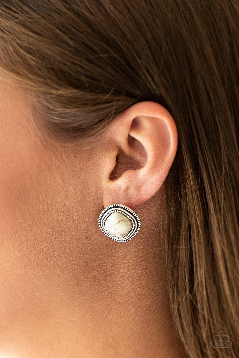 Frontier Runner White Stone Post Earrings - Paparazzi Accessories- lightbox - CarasShop.com - Paparazzi Jewelry by Cara Jewels