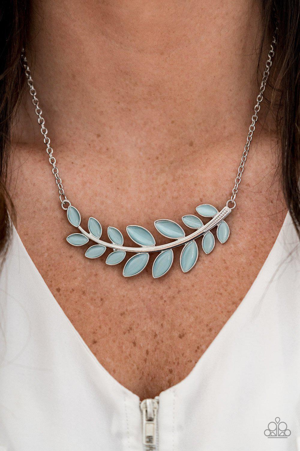 Frosted Foliage Blue Moonstone Leaf Necklace - Paparazzi Accessories- on model - CarasShop.com - Paparazzi Jewelry by Cara Jewels