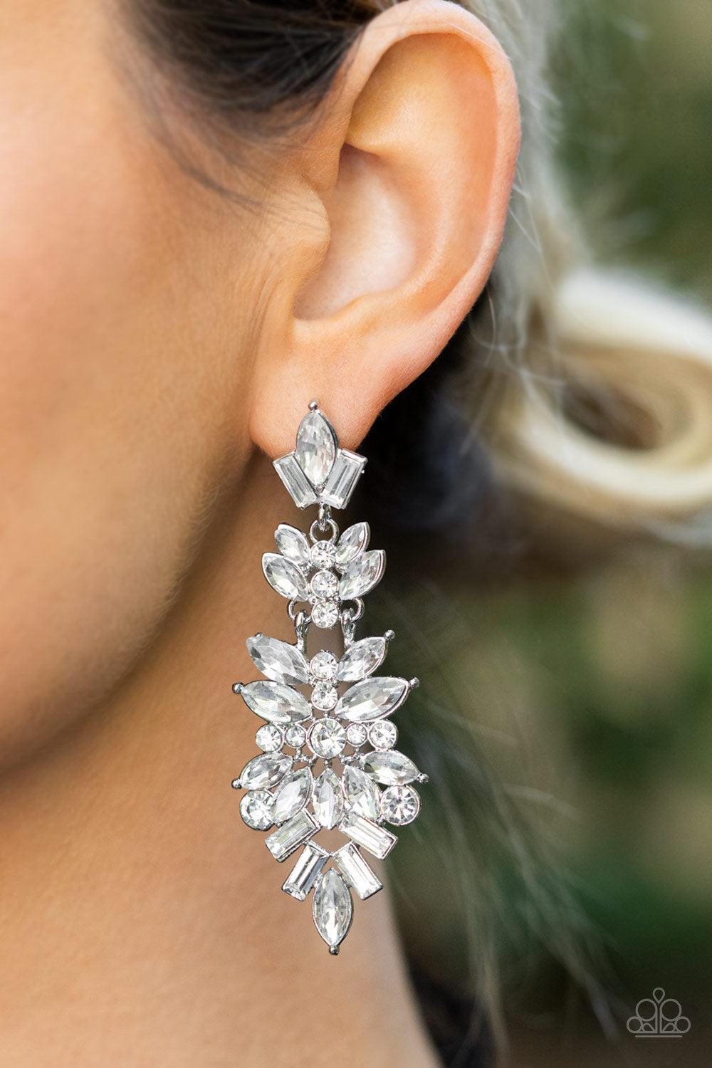 Frozen Fairytale White Rhinestone Earrings - Paparazzi Accessories- on model - CarasShop.com - Paparazzi Jewelry by Cara Jewels