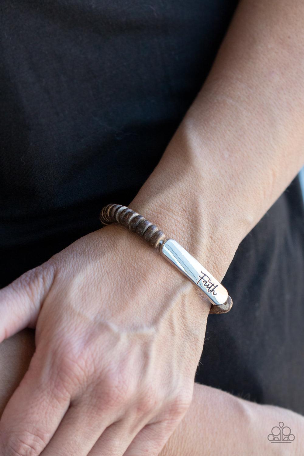 Full Faith Brown Wood Inspirational Bracelet - Paparazzi Accessories- on model - CarasShop.com - Paparazzi Jewelry by Cara Jewels