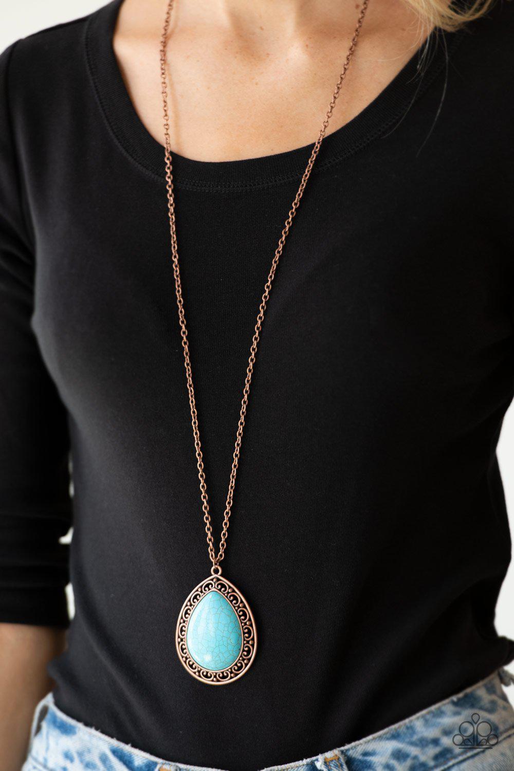 Full Frontier Copper and Turquoise Blue Stone Teardrop Necklace - Paparazzi Accessories- on model - CarasShop.com - Paparazzi Jewelry by Cara Jewels