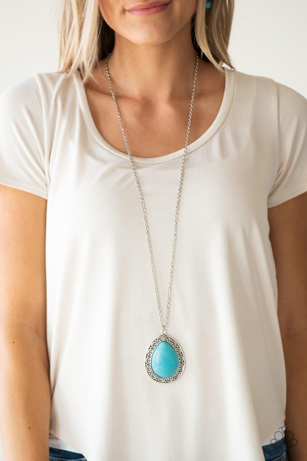 Full Frontier Turquoise Blue and Silver Teardrop Necklace - Paparazzi Accessories- on model - CarasShop.com - Paparazzi Jewelry by Cara Jewels