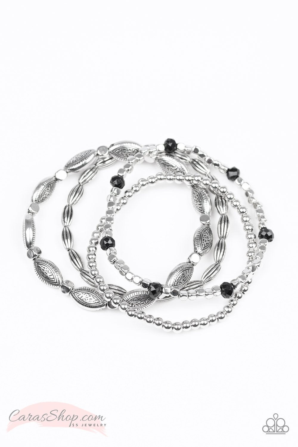 Full of WANDER Silver and Black Stretch Bracelet Set - Paparazzi Accessories- lightbox - CarasShop.com - Paparazzi Jewelry by Cara Jewels