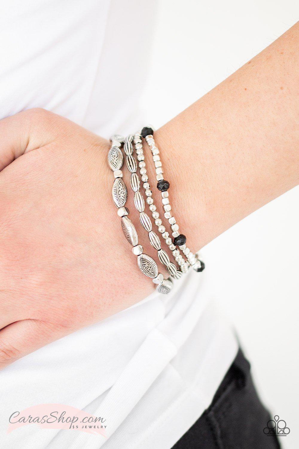 Full of WANDER Silver and Black Stretch Bracelet Set - Paparazzi Accessories- on model - CarasShop.com - Paparazzi Jewelry by Cara Jewels