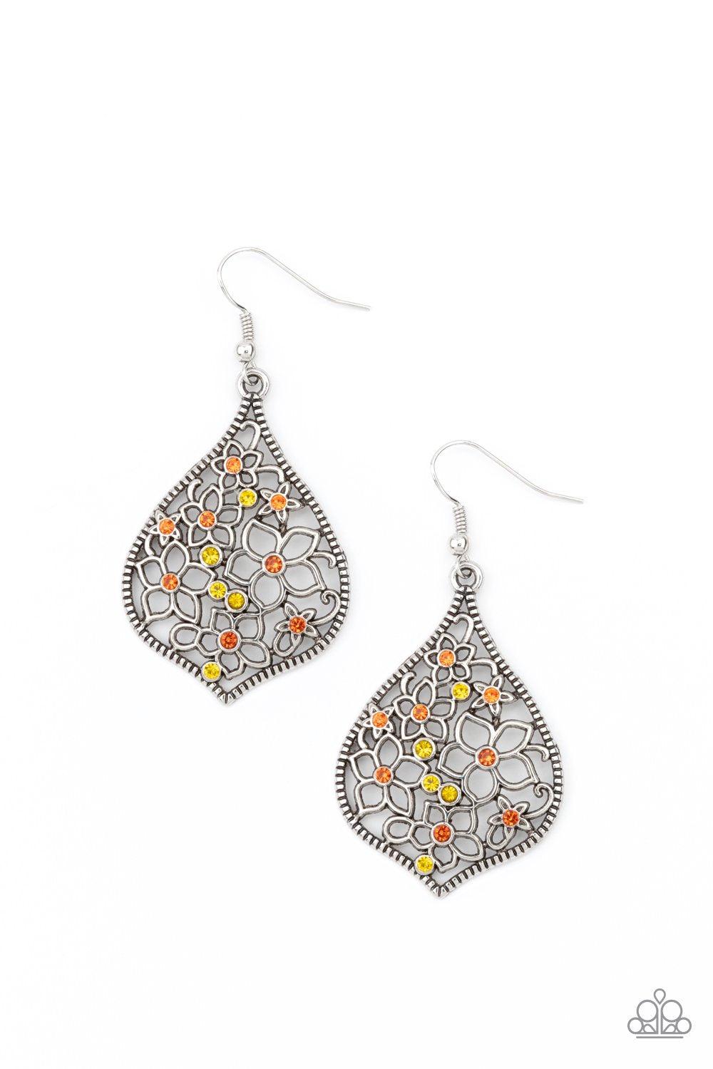 Full Out Florals Multi Yellow and Orange Rhinestone Earrings - Paparazzi Accessories- lightbox - CarasShop.com - Paparazzi Jewelry by Cara Jewels