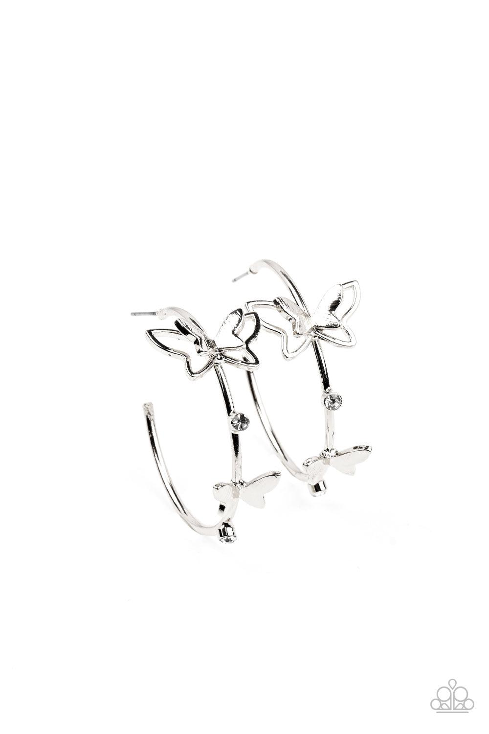 Full Out Flutter White Butterfly Hoop Earrings - Paparazzi Accessories- lightbox - CarasShop.com - Paparazzi Jewelry by Cara Jewels
