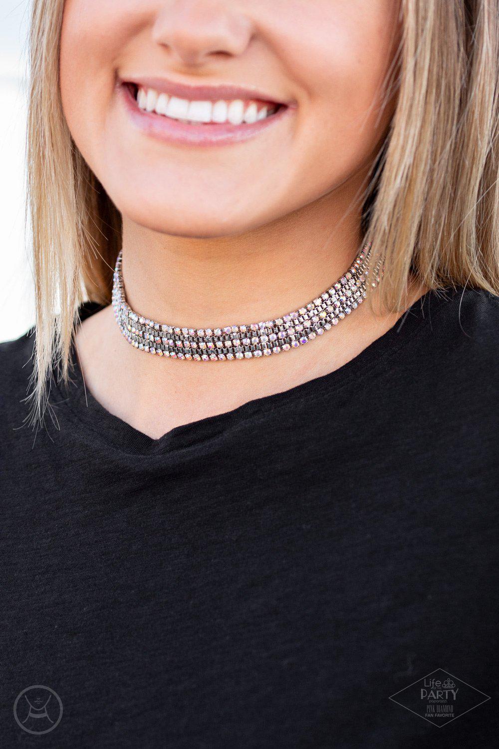 Full Reign Multi - Iridescent Rhinestone Choker Necklace - Paparazzi Accessories Pink Diamond Exclusive! 2020- on model - CarasShop.com - Paparazzi Jewelry by Cara Jewels