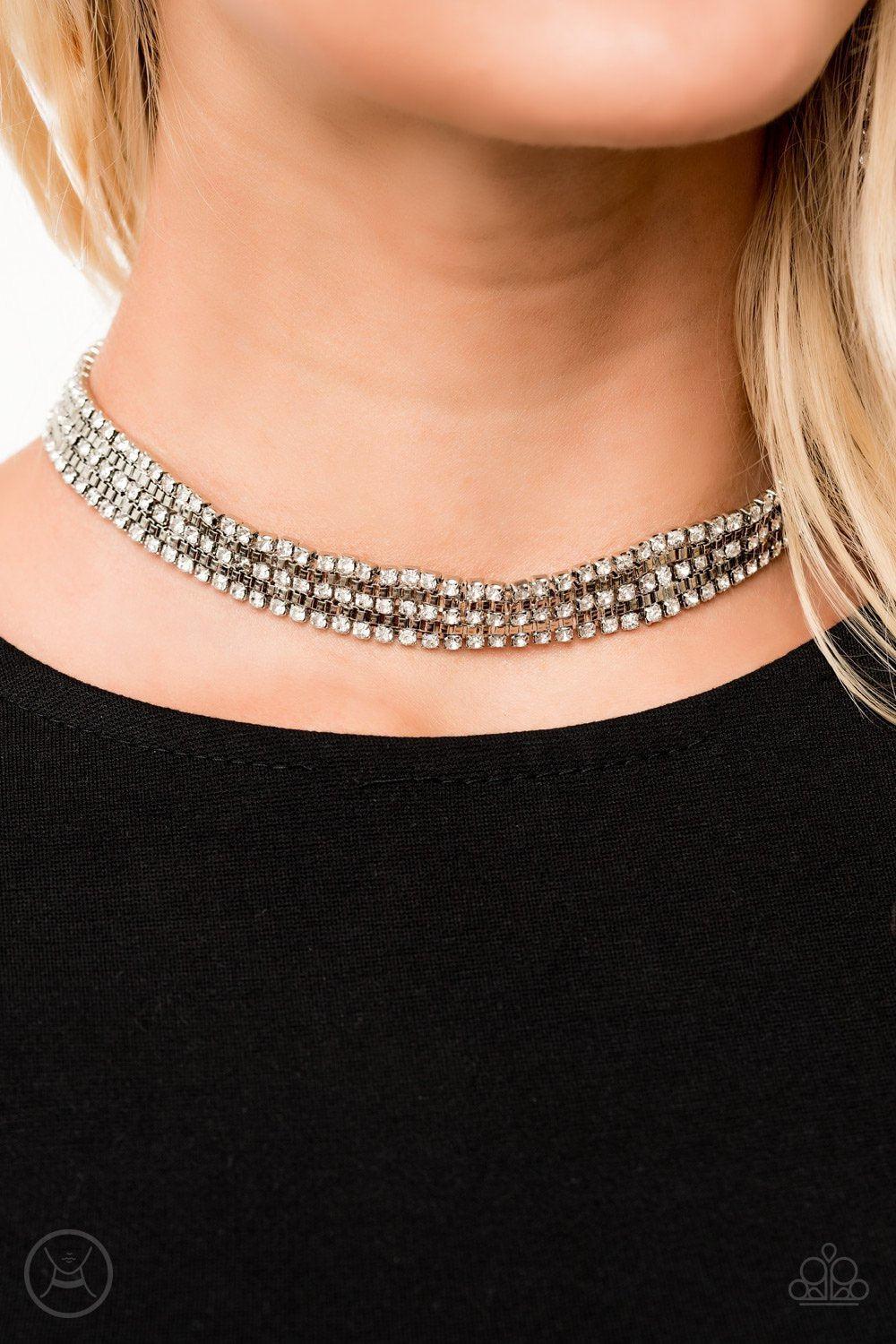 Full Reign White Rhinestone Choker Necklace - Paparazzi Accessories- on model - CarasShop.com - Paparazzi Jewelry by Cara Jewels