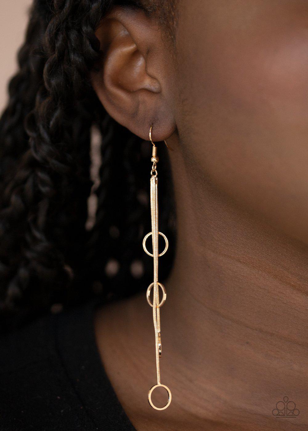 Full Swing Shimmer Gold Chain Earrings - Paparazzi Accessories- on model - CarasShop.com - Paparazzi Jewelry by Cara Jewels