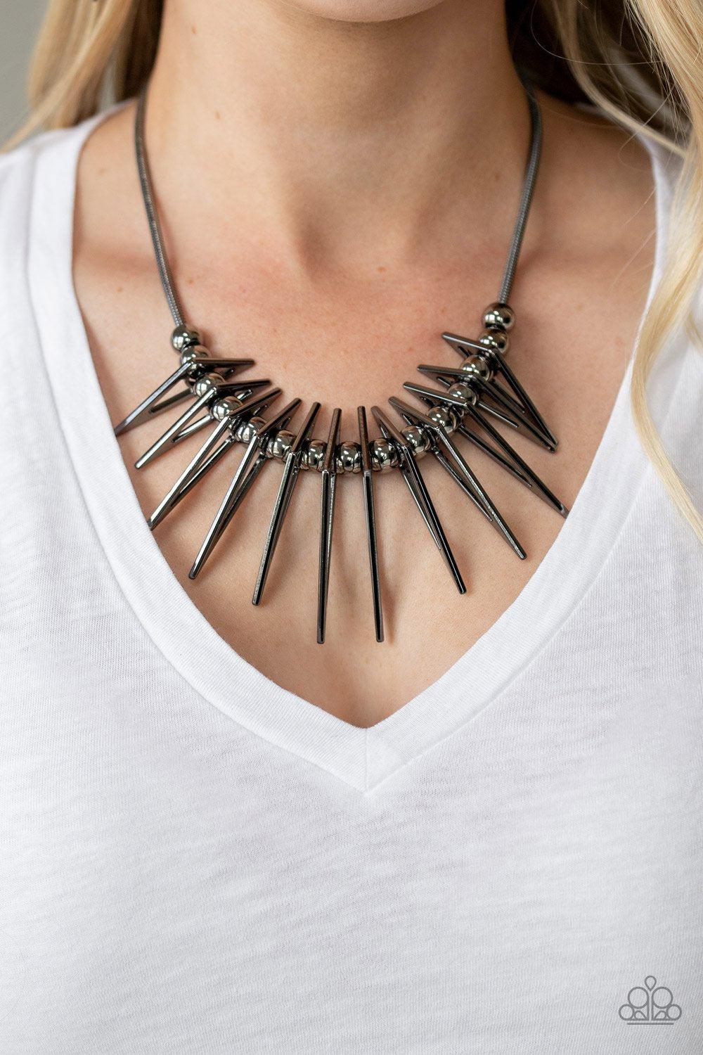 Fully Charged Gunmetal Black Abstract Necklace - Paparazzi Accessories- on model - CarasShop.com - Paparazzi Jewelry by Cara Jewels