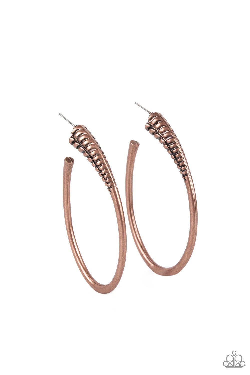 Fully Loaded Copper Hoop Earrings - Paparazzi Accessories- lightbox - CarasShop.com - Paparazzi Jewelry by Cara Jewels
