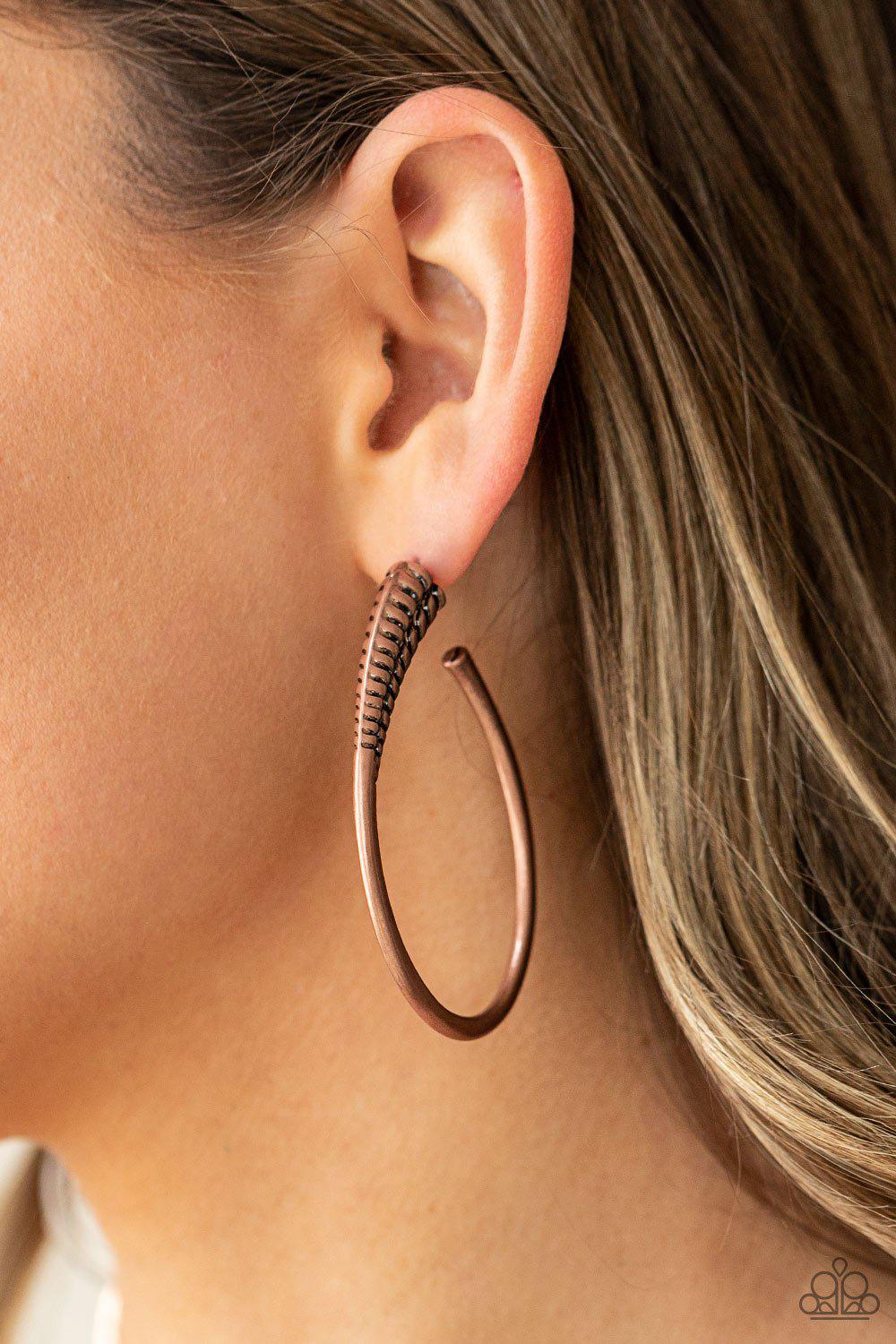 Fully Loaded Copper Hoop Earrings - Paparazzi Accessories- lightbox - CarasShop.com - Paparazzi Jewelry by Cara Jewels