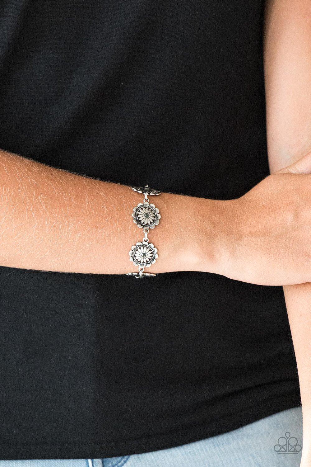 Funky Flower Child Silver Flower Bracelet - Paparazzi Accessories- lightbox - CarasShop.com - Paparazzi Jewelry by Cara Jewels