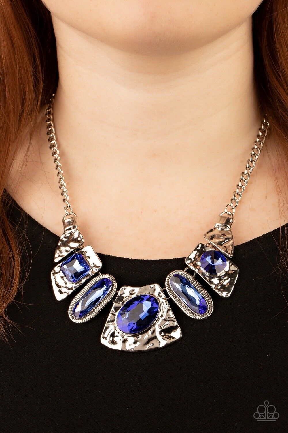 Futuristic Fashionista Blue Rhinestone and Silver Necklace - Paparazzi Accessories- lightbox - CarasShop.com - Paparazzi Jewelry by Cara Jewels