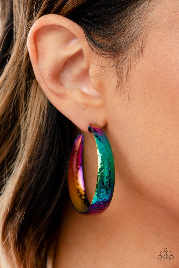 Futuristic Flavor Multi Oil Spill Hoop Earrings - Paparazzi Accessories- on model - CarasShop.com - Paparazzi Jewelry by Cara Jewels