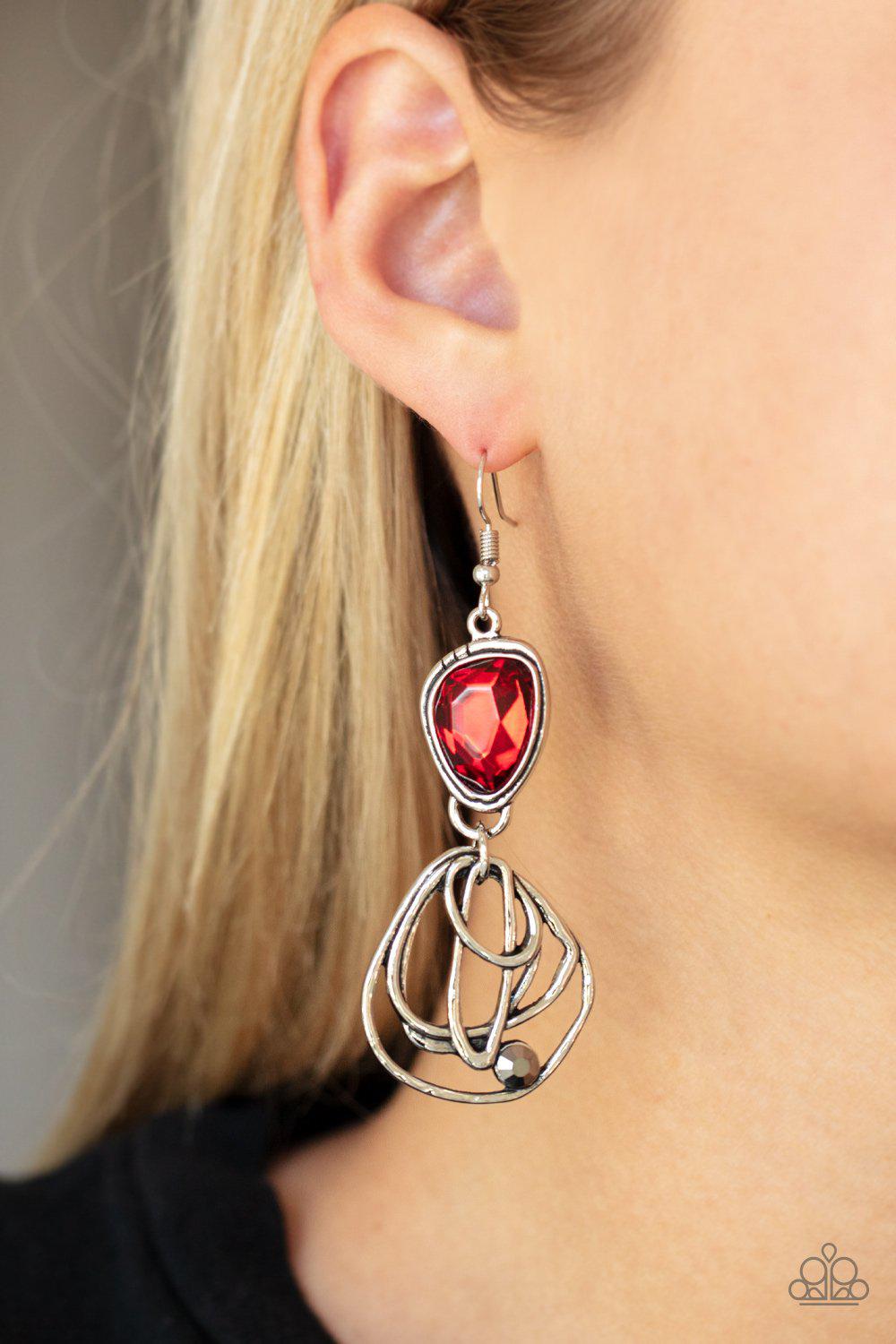 Galactic Drama Red Rhinestone Earrings - Paparazzi Accessories- on model - CarasShop.com - Paparazzi Jewelry by Cara Jewels