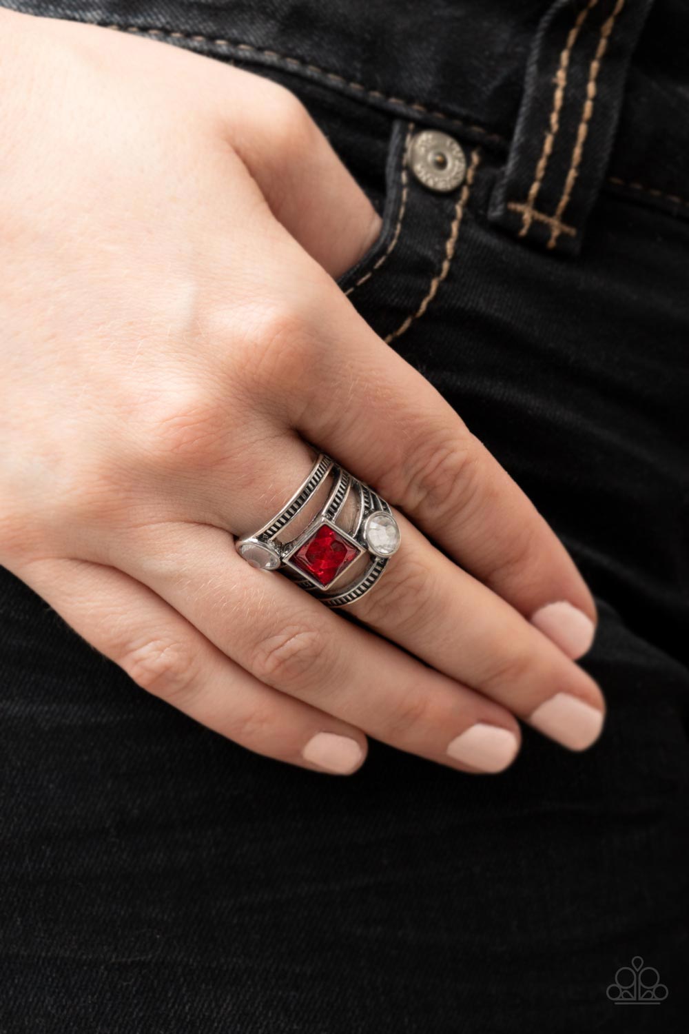 Galactic Governess Red Rhinestone Ring - Paparazzi Accessories- on model - CarasShop.com - Paparazzi Jewelry by Cara Jewels