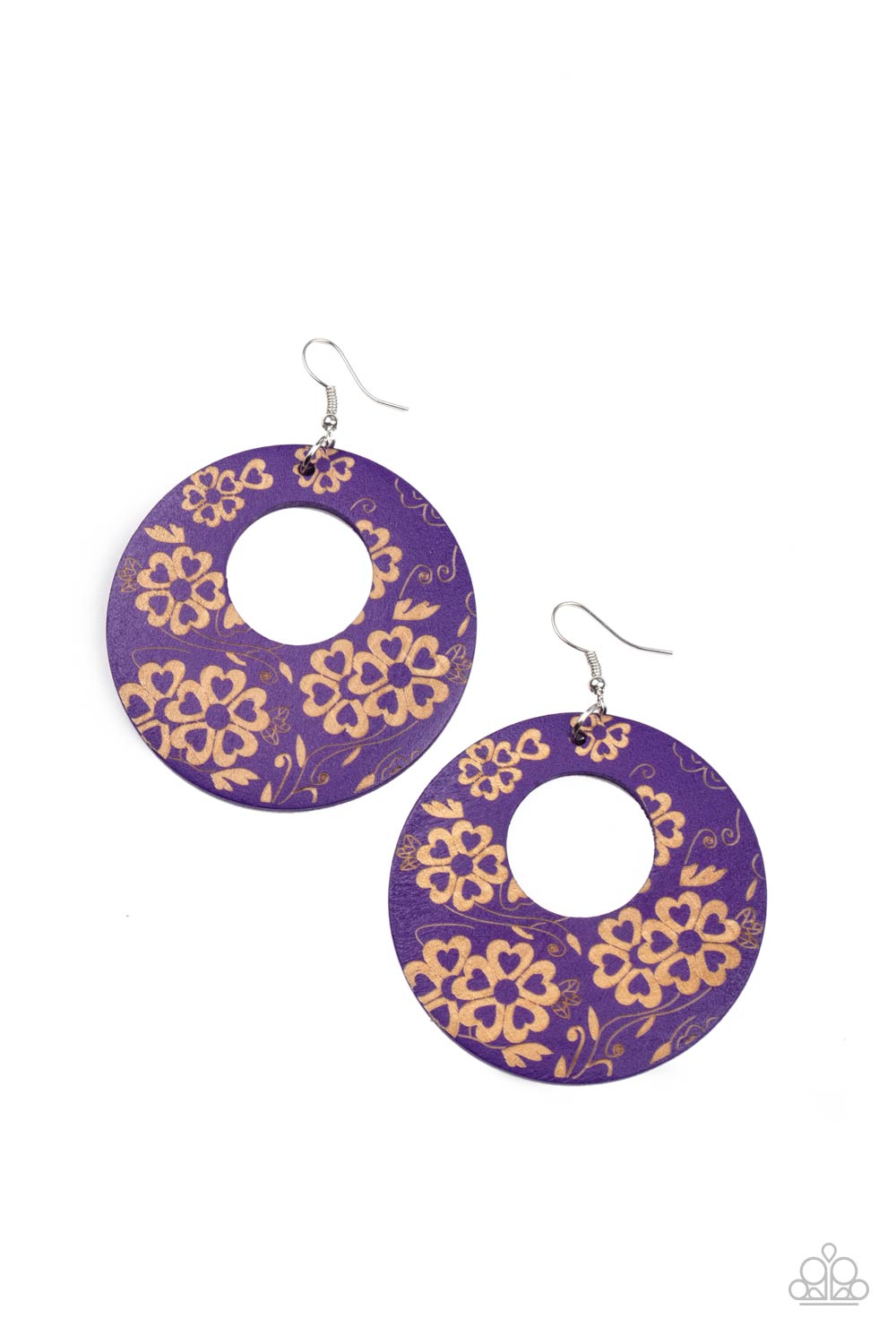 Galapagos Garden Party Purple Floral Wood Earrings - Paparazzi Accessories- lightbox - CarasShop.com - Paparazzi Jewelry by Cara Jewels