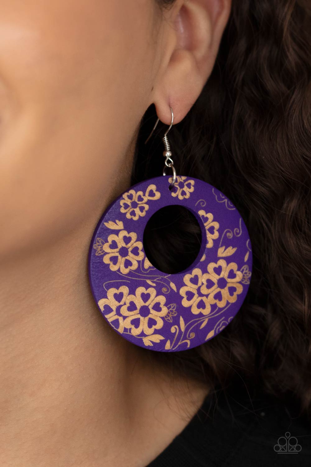 Galapagos Garden Party Purple Floral Wood Earrings - Paparazzi Accessories- on model - CarasShop.com - Paparazzi Jewelry by Cara Jewels