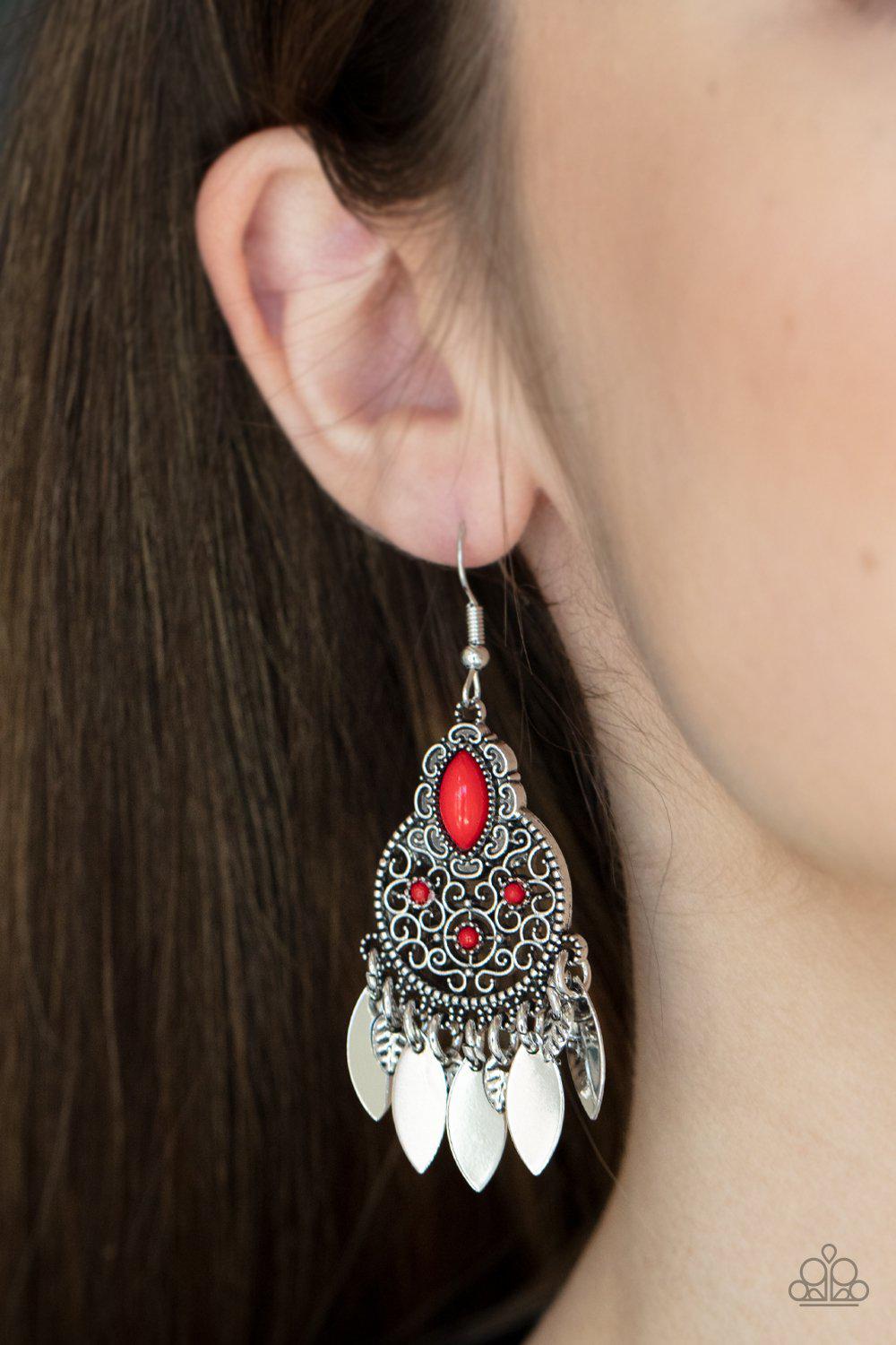Galapagos Glamping Red Leaf Charm Earrings - Paparazzi Accessories- on model - CarasShop.com - Paparazzi Jewelry by Cara Jewels