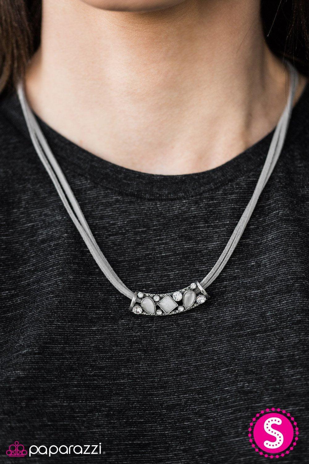 Galaxy Glam Silver Moonstone Necklace and matching Earrings - Paparazzi Accessories- on model - CarasShop.com - Paparazzi Jewelry by Cara Jewels