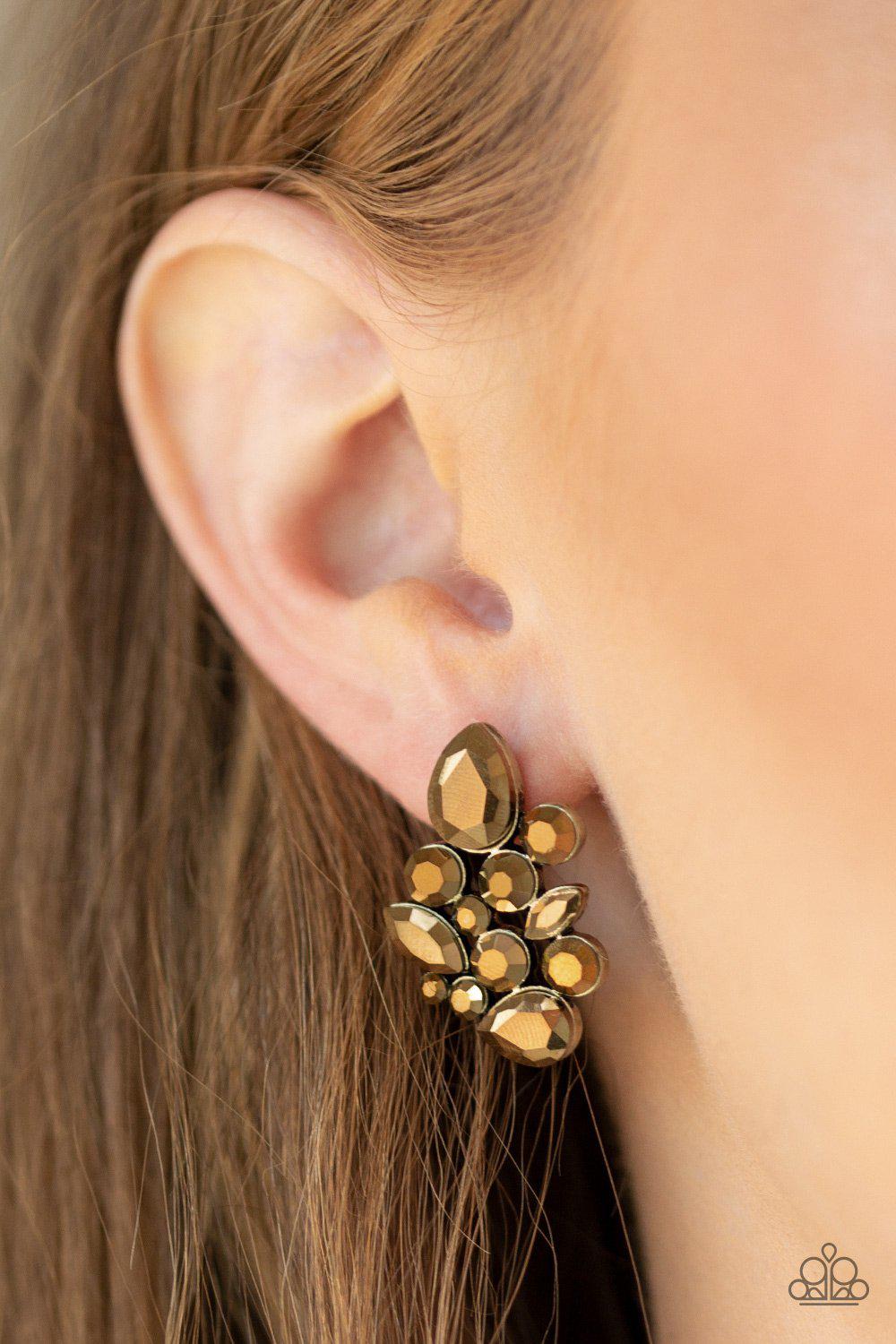 Galaxy Glimmer Brass Post Earrings - Paparazzi Accessories- on model - CarasShop.com - Paparazzi Jewelry by Cara Jewels