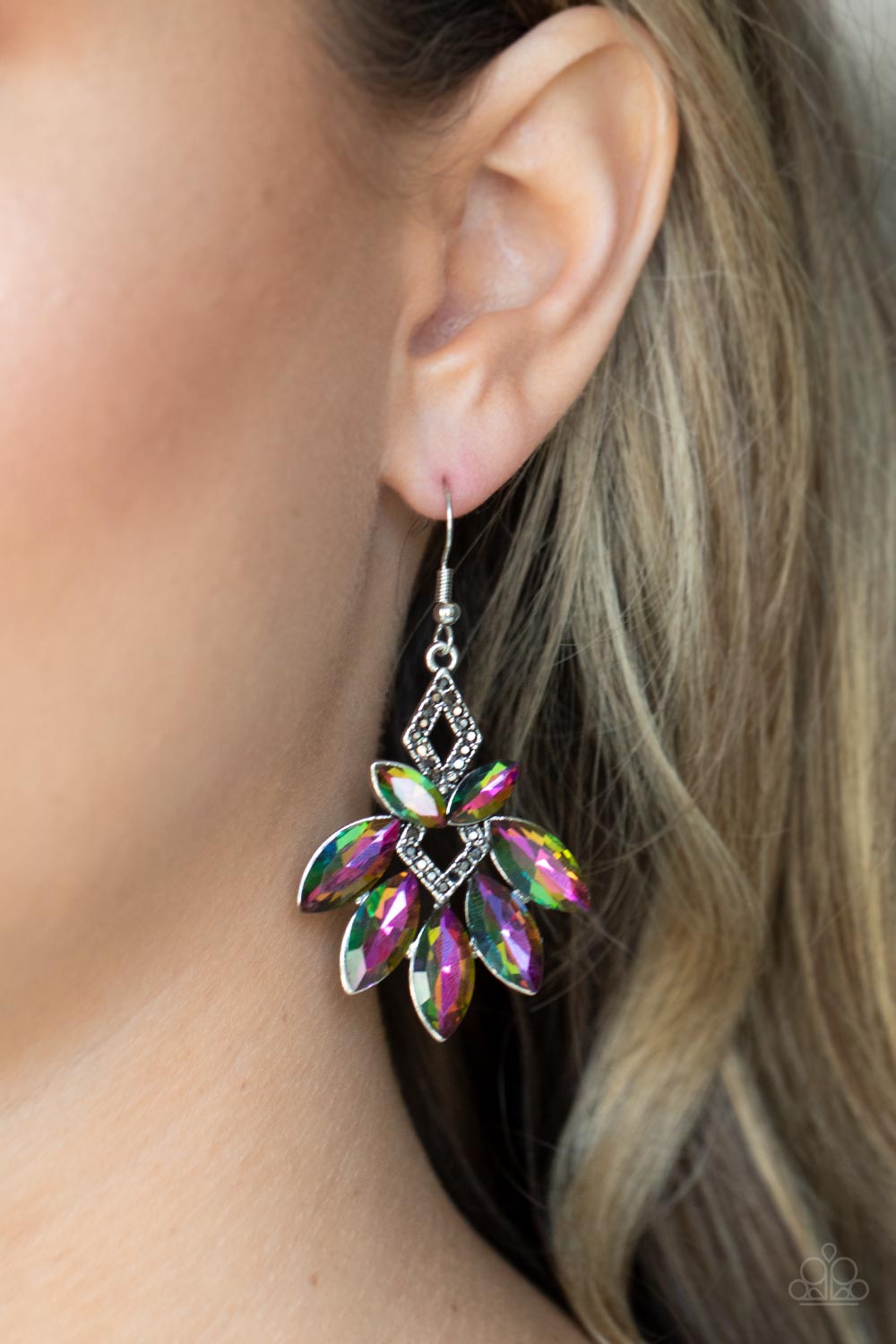 Galaxy Grandeur Multi Oil Spill Rhinestone Earrings - Paparazzi Accessories- on model - CarasShop.com - Paparazzi Jewelry by Cara Jewels
