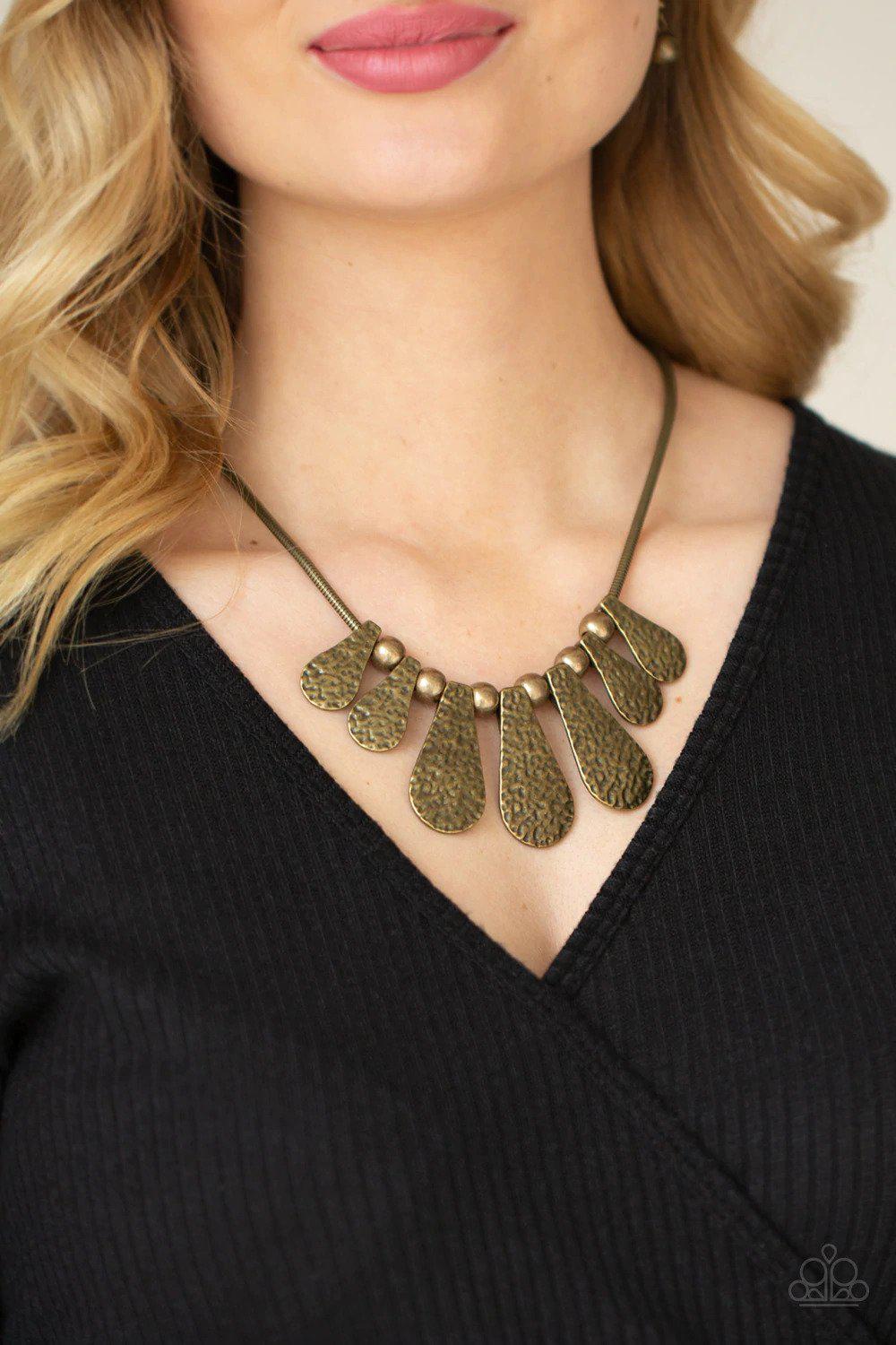 Gallery Goddess Brass Necklace - Paparazzi Accessories- on model - CarasShop.com - Paparazzi Jewelry by Cara Jewels