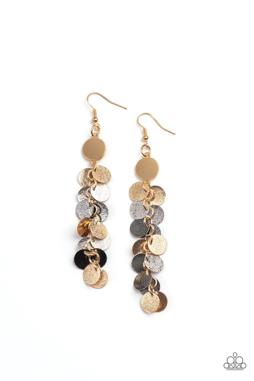 Game CHIME Multi Gold-Silver-Gunmetal Earrings - Paparazzi Accessories- lightbox - CarasShop.com - Paparazzi Jewelry by Cara Jewels